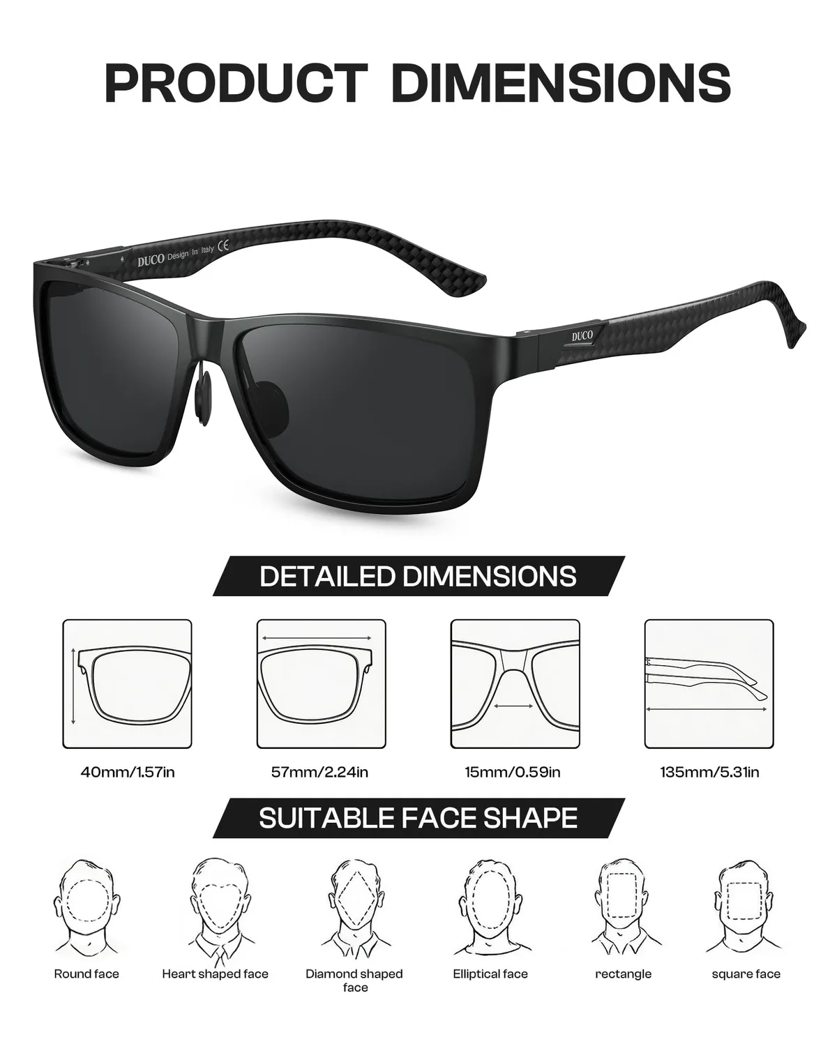 DUCO Herren Sonnenbrille polarisiert Rechteckig Grau