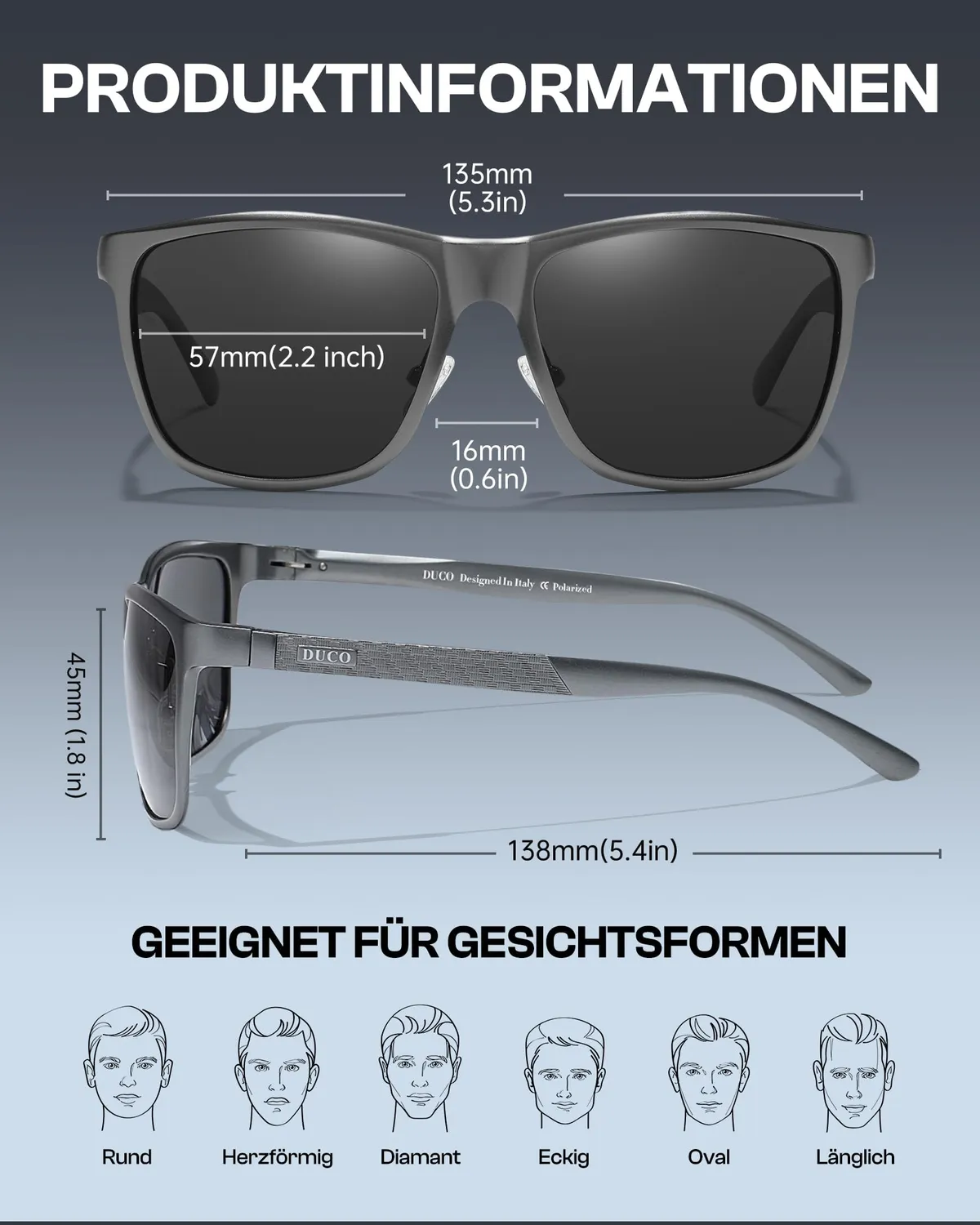 DUCO Herren Sonnenbrille Gunmetal polarisiert Metall