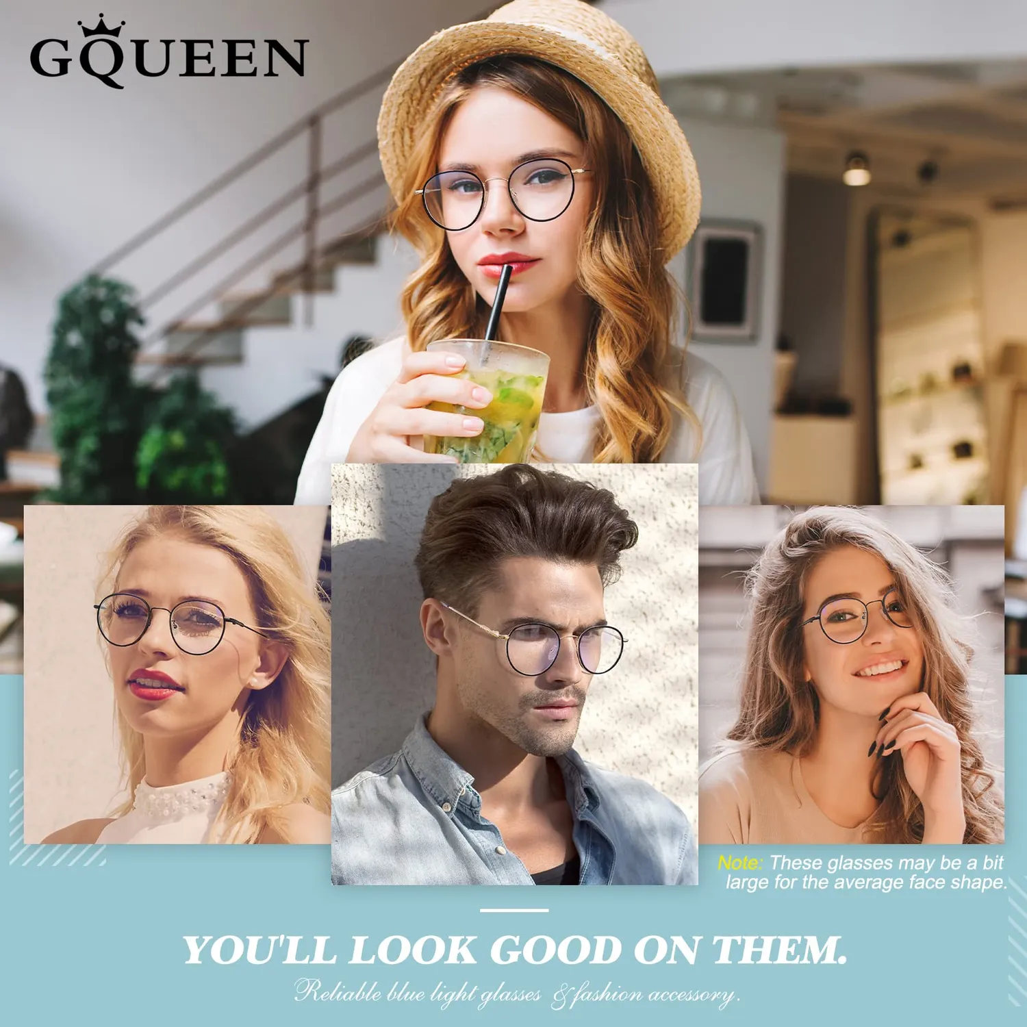 GQUEEN Runde Blaulichtfilter Brille Übergröße amber