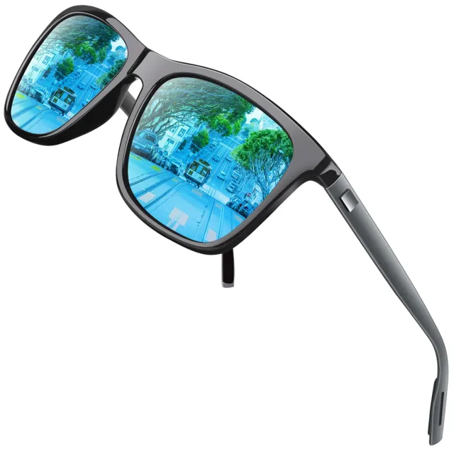 GQUEEN Rechteck Sonnenbrille Schwarz Blau polarisiert leicht