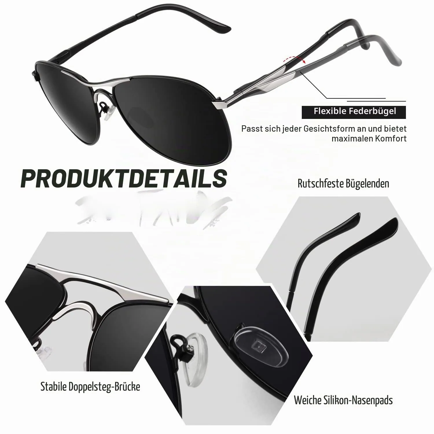 GQUEEN Piloten Sonnenbrille schwarz polarisiert UV400