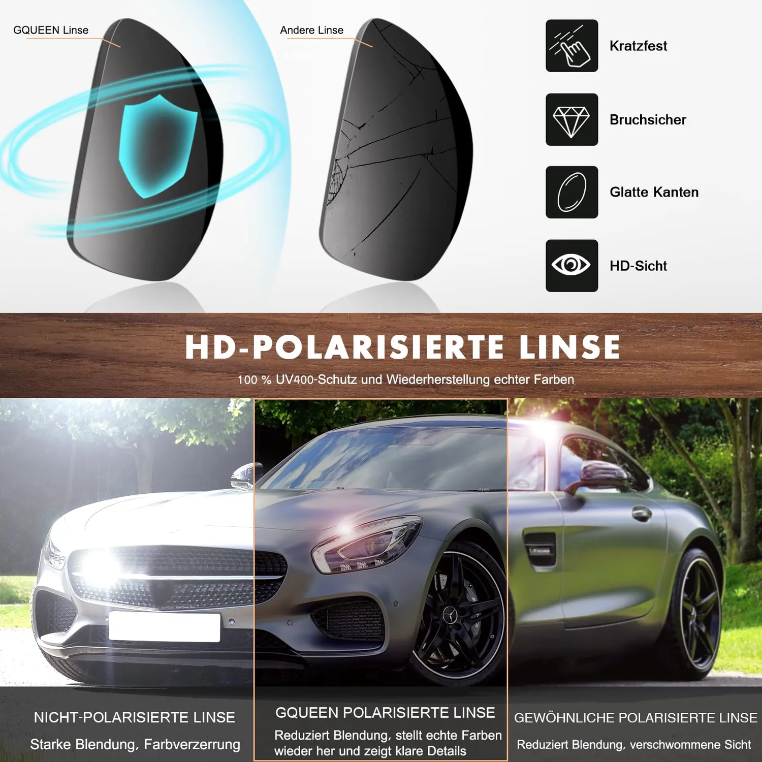 GQUEEN Holz Sonnenbrille schwarz grau polarisiert