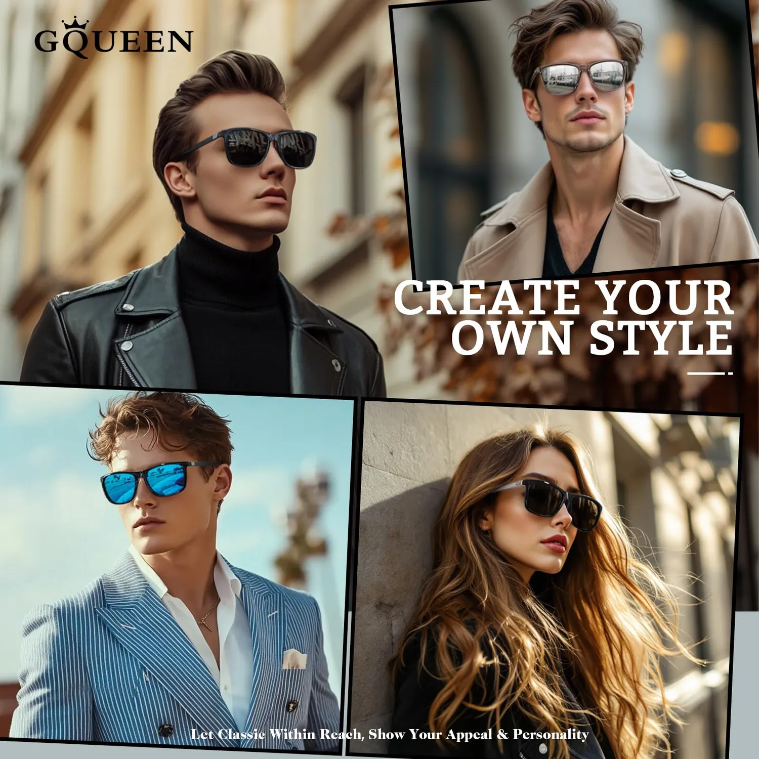 GQUEEN Rechteck Sonnenbrille Schwarz Blau polarisiert leicht