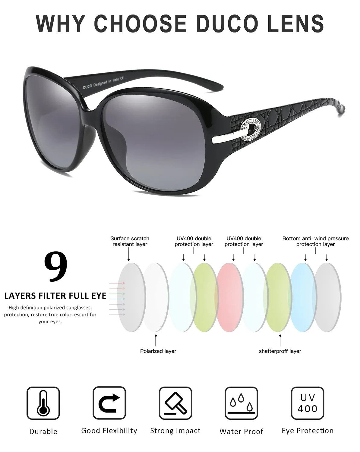 DUCO 6214 Sonnenbrille Damen Schwarz Retro UV400