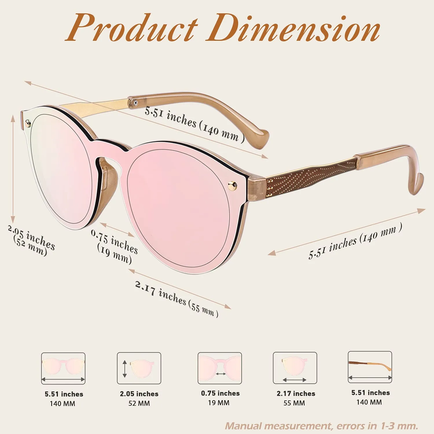 GQUEEN Runde Sonnenbrille Gold Rosa verspiegelt UV400