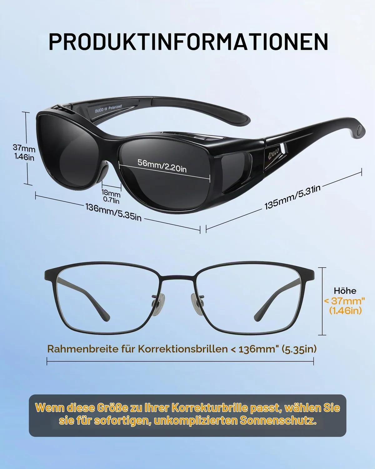 DUCO Fit Over Überbrille polarisiert M Schwarz Grau