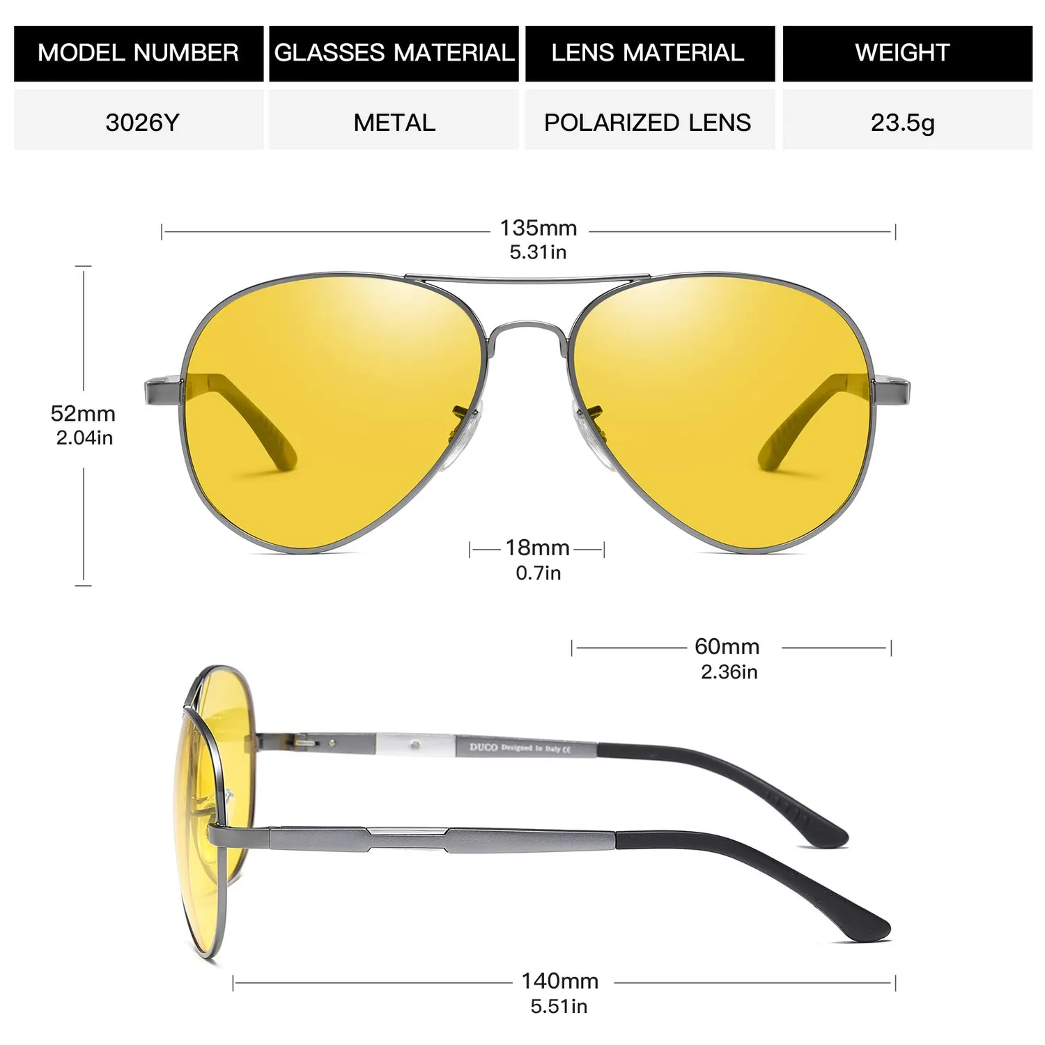 DUCO 3026 Nachtfahrbrille gelb polarisiert Metall