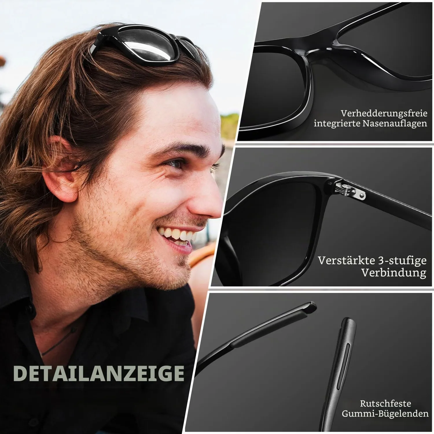 GQUEEN Rechteck Sonnenbrille Schwarz Blau polarisiert leicht