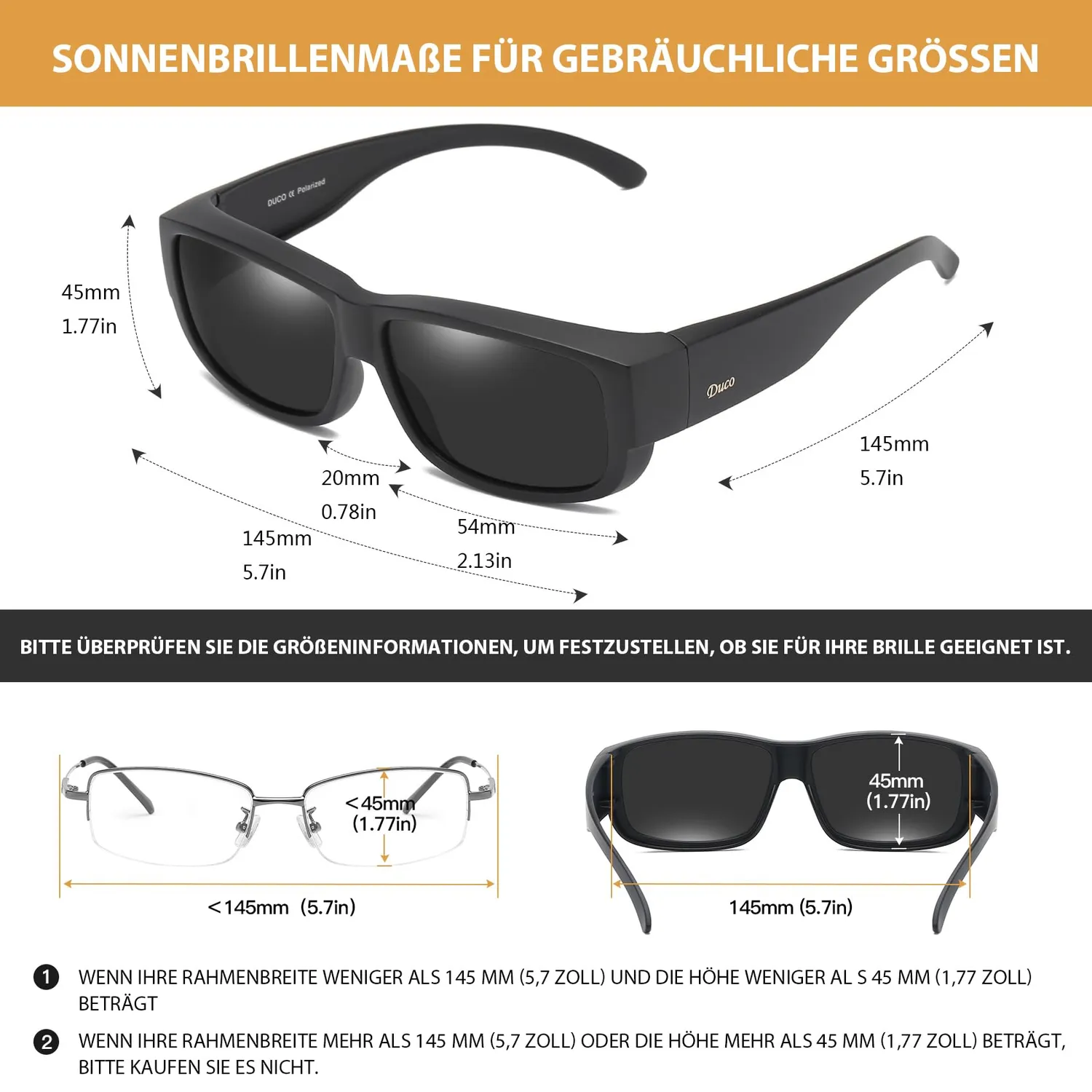 DUCO Überbrille Sonnenbrille Schwarz polarisiert