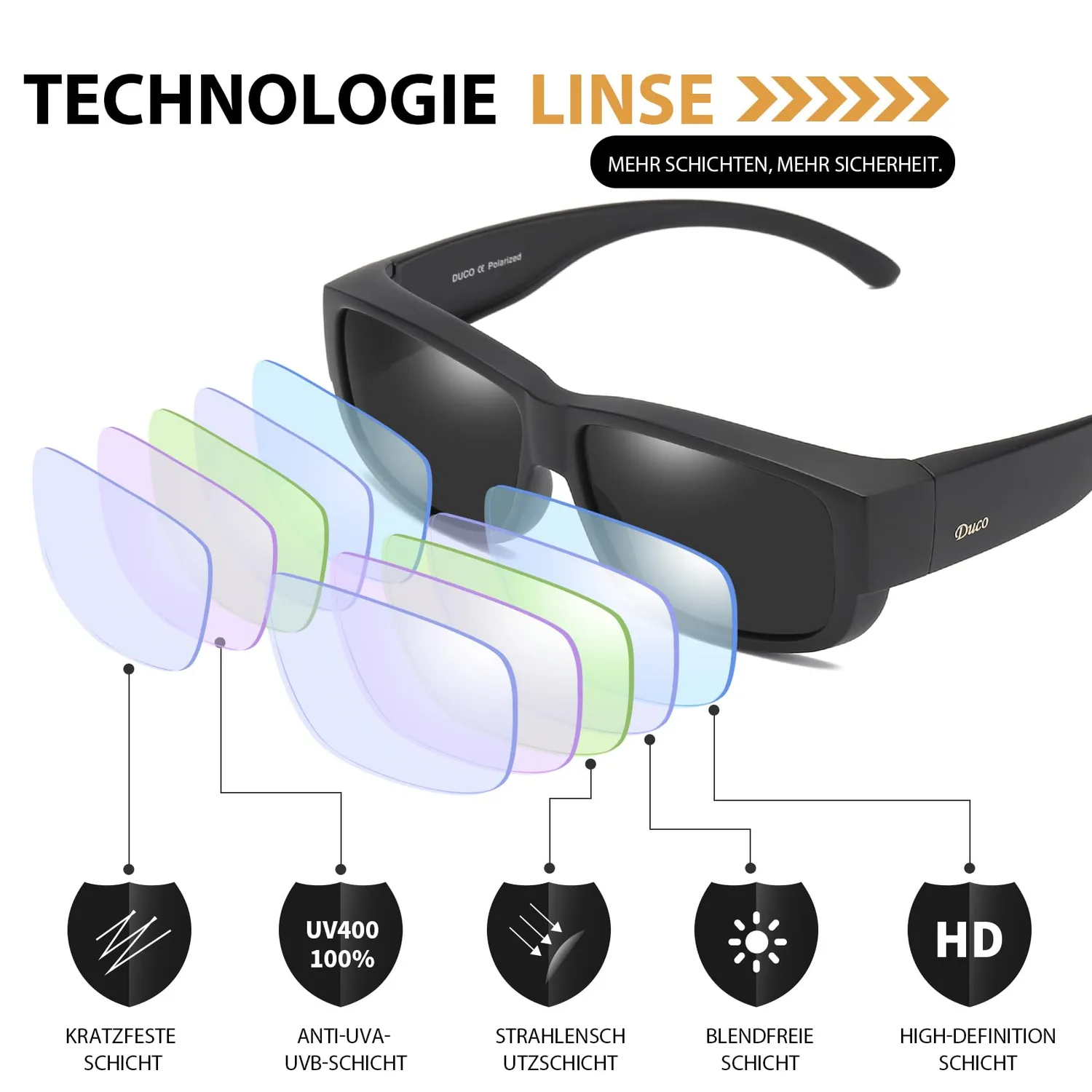 DUCO Überbrille Sonnenbrille Schwarz polarisiert