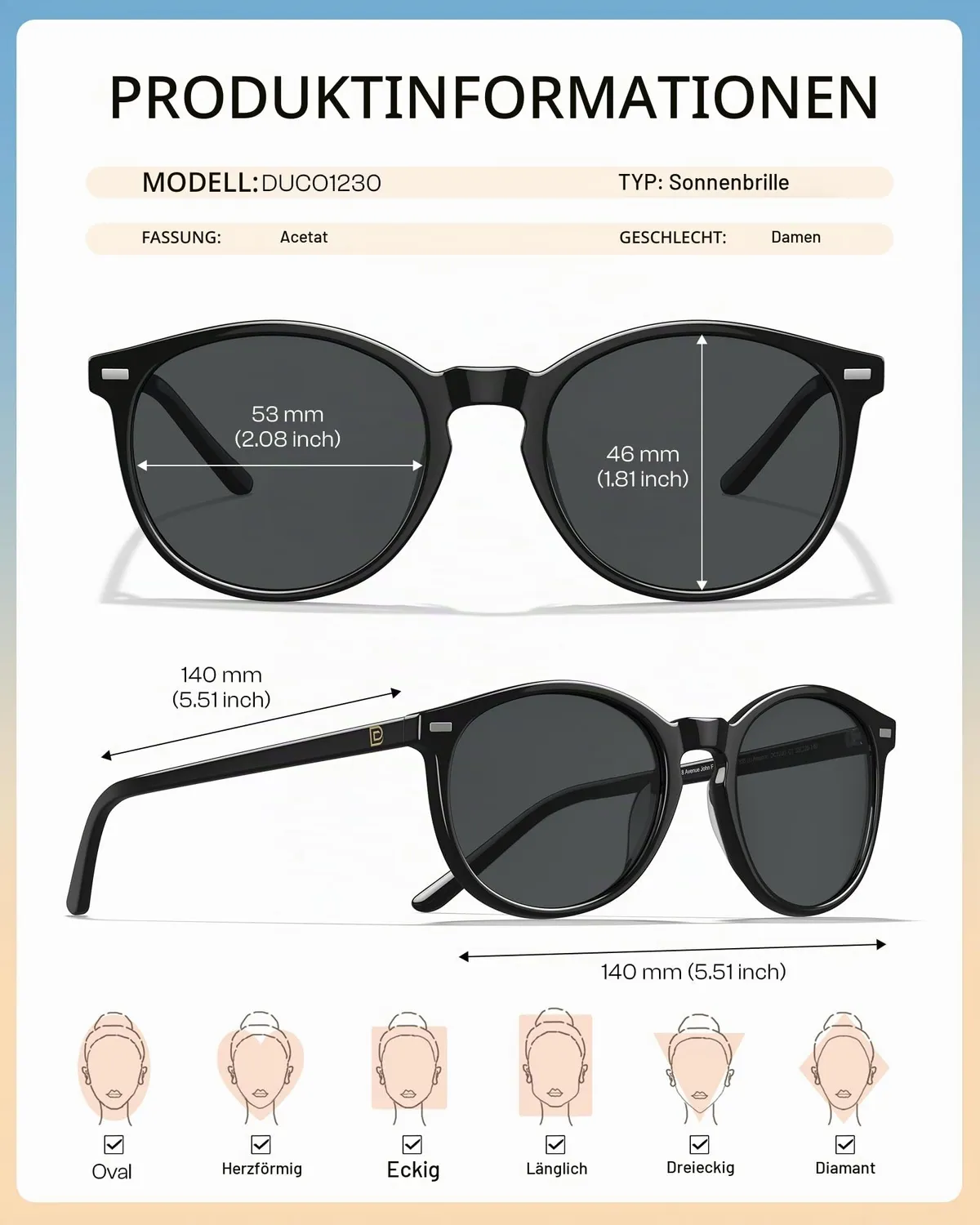 DUCO 1230 Damen Sonnenbrille Schwarz polarisiert
