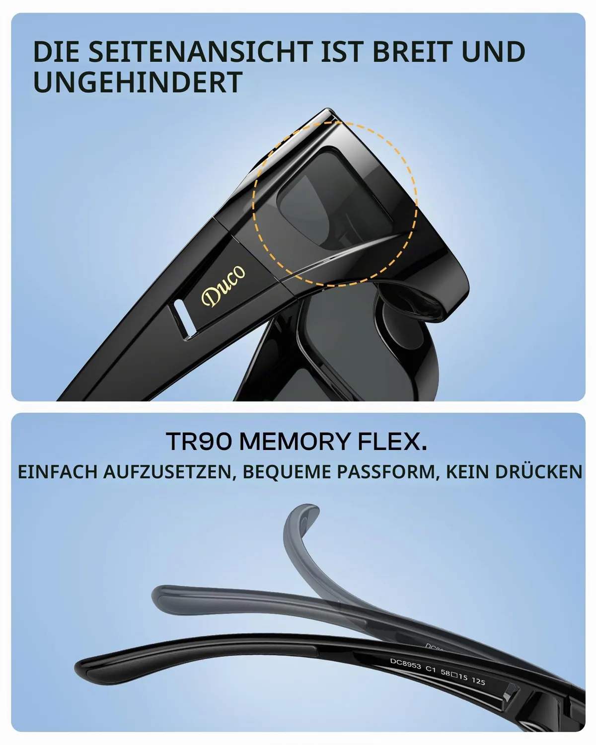 DUCO Fit Over Überbrille polarisiert M Schwarz Grau