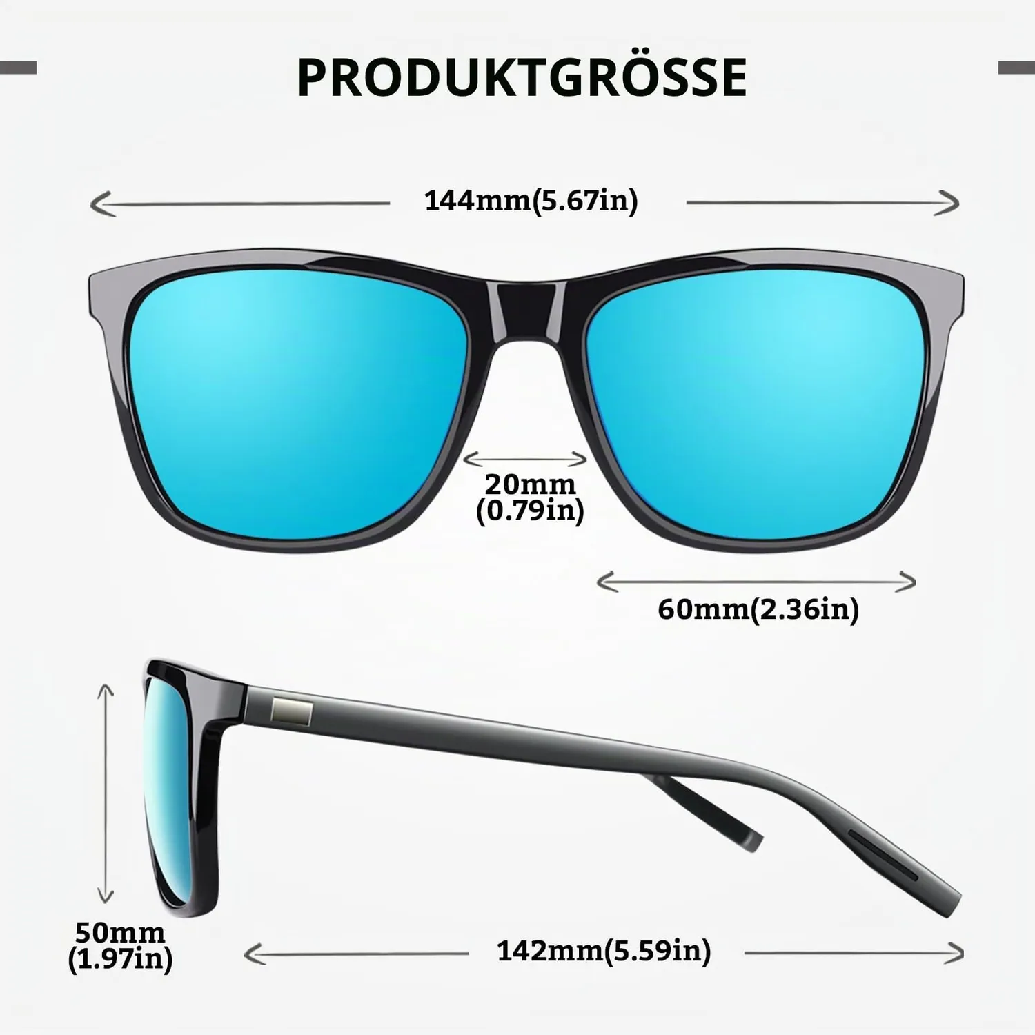 GQUEEN Rechteck Sonnenbrille Schwarz Blau polarisiert leicht