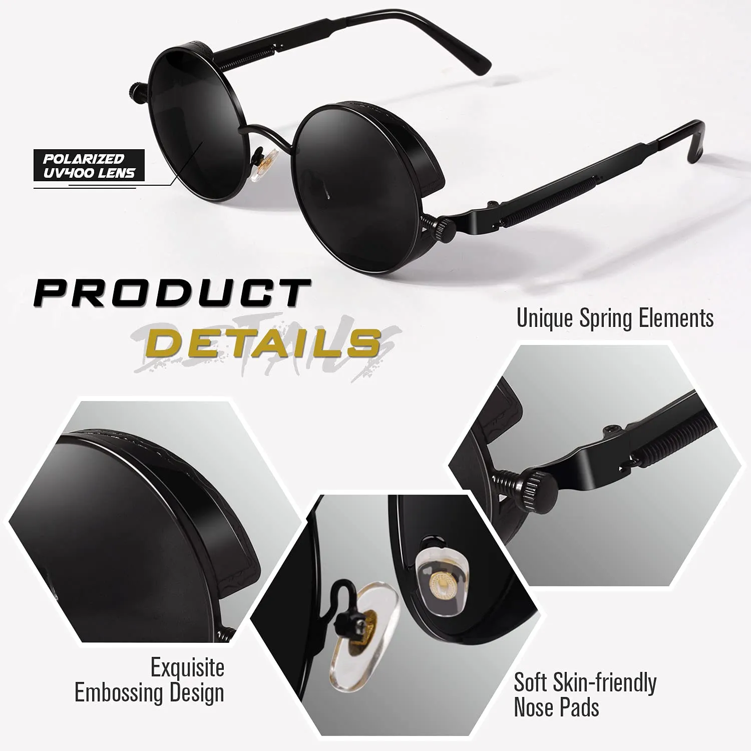 GQUEEN Runde Sonnenbrille Schwarz Grau polarisiert