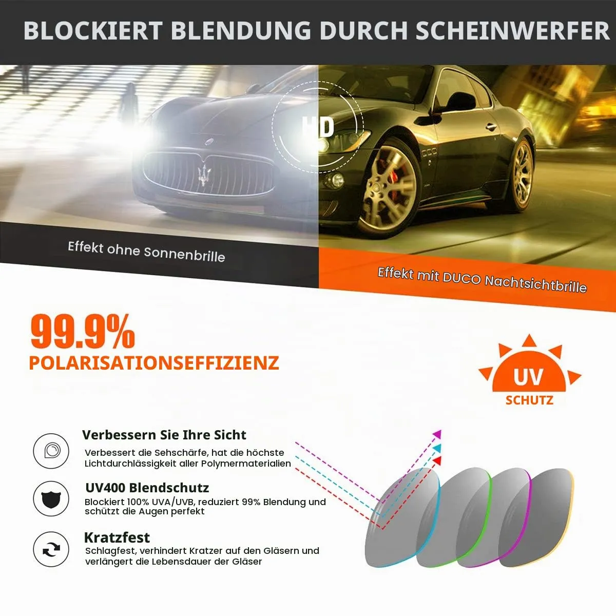 DUCO 8550Y Nachtfahrbrille Silber Gelb Anti-Blend