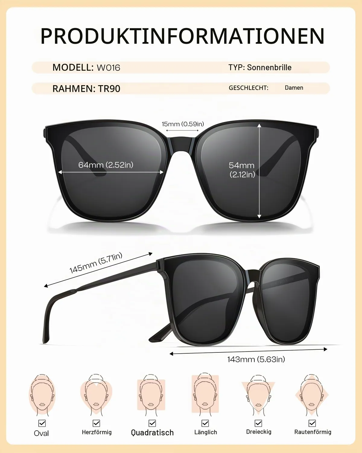 DUCO Vintage Damen Sonnenbrille Schwarz Grau polarisiert