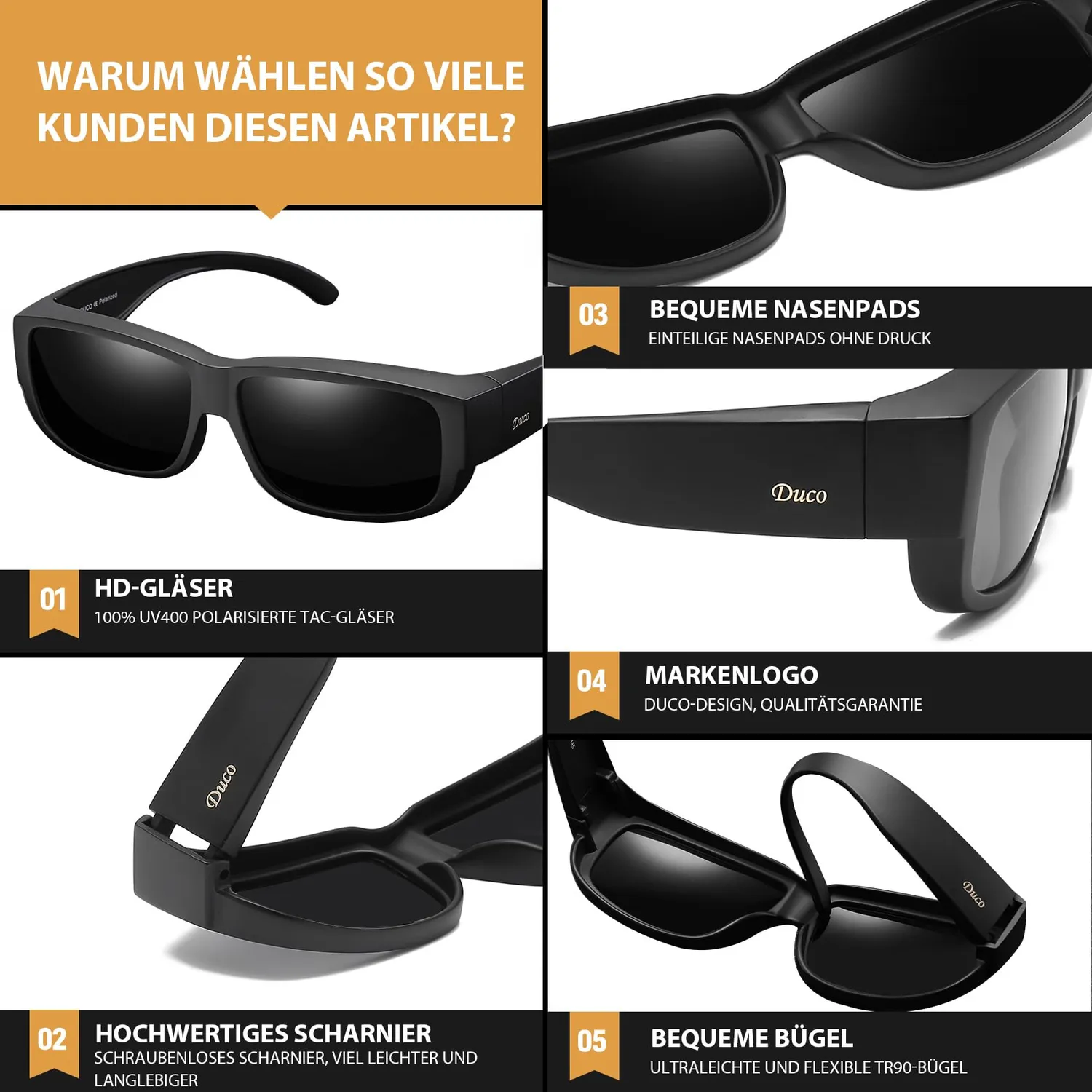 DUCO Überbrille Sonnenbrille Schwarz polarisiert