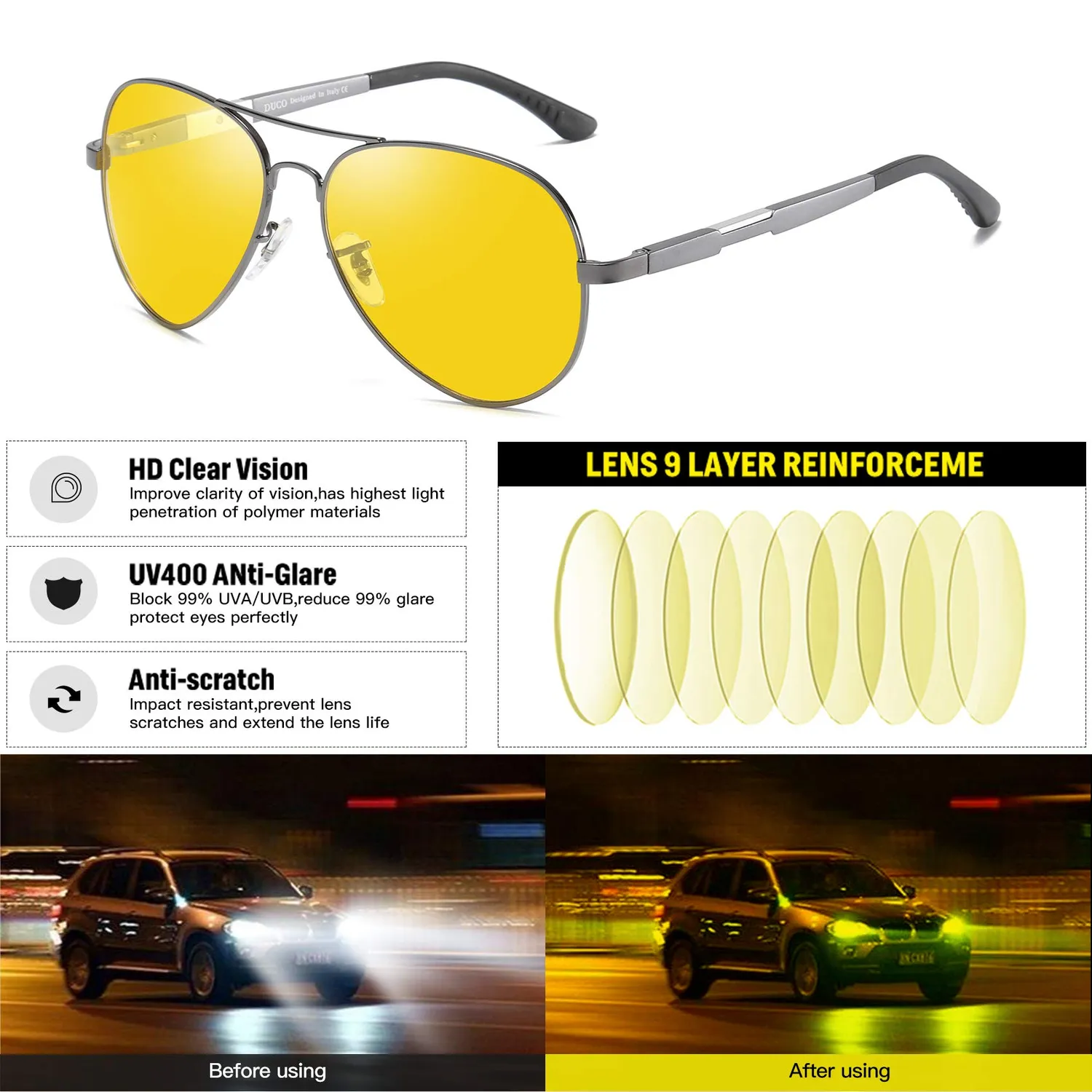 DUCO 3026 Nachtfahrbrille gelb polarisiert Metall