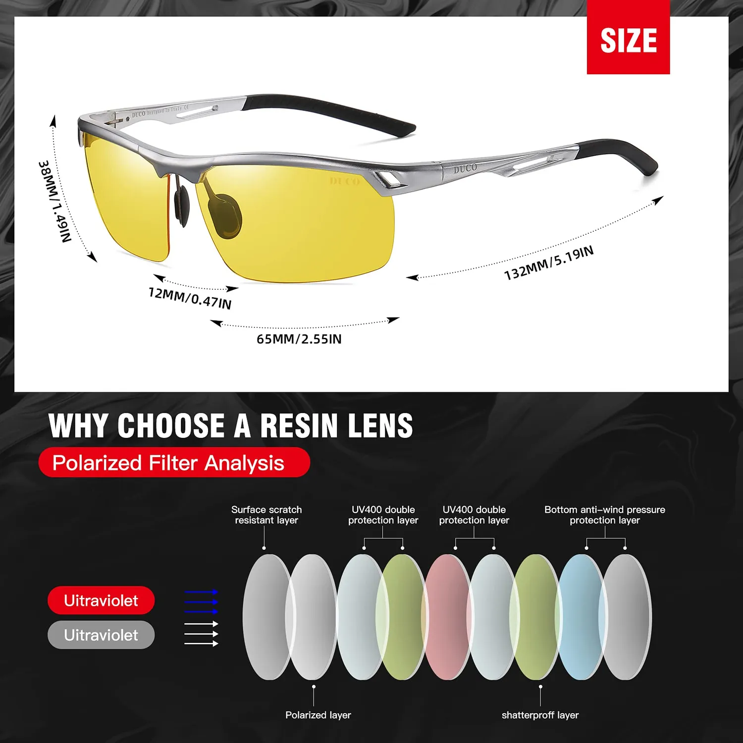 DUCO 8550Y Nachtfahrbrille Silber Gelb Anti-Blend