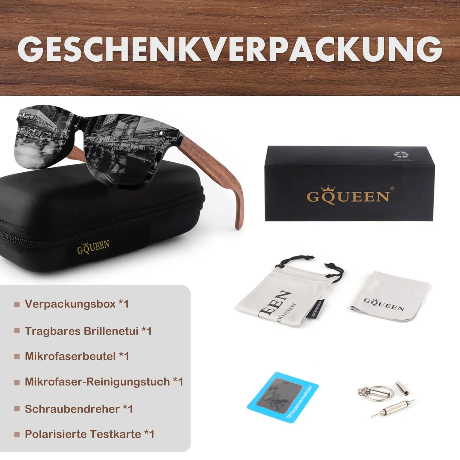 GQUEEN Holz Sonnenbrille schwarz grau polarisiert