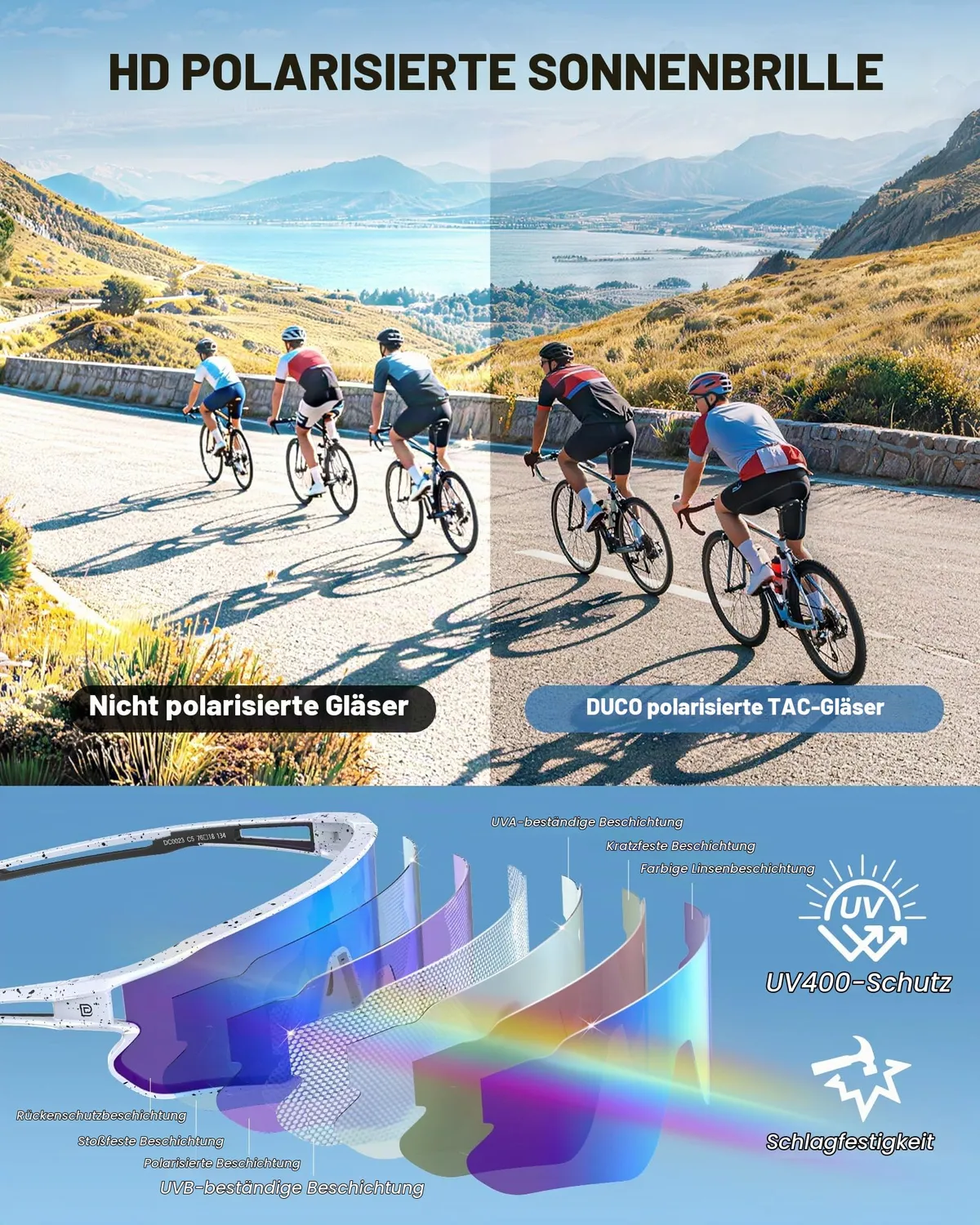 DUCO DC0023 Fahrradbrille weiß-schwarz Revo blau polarisiert