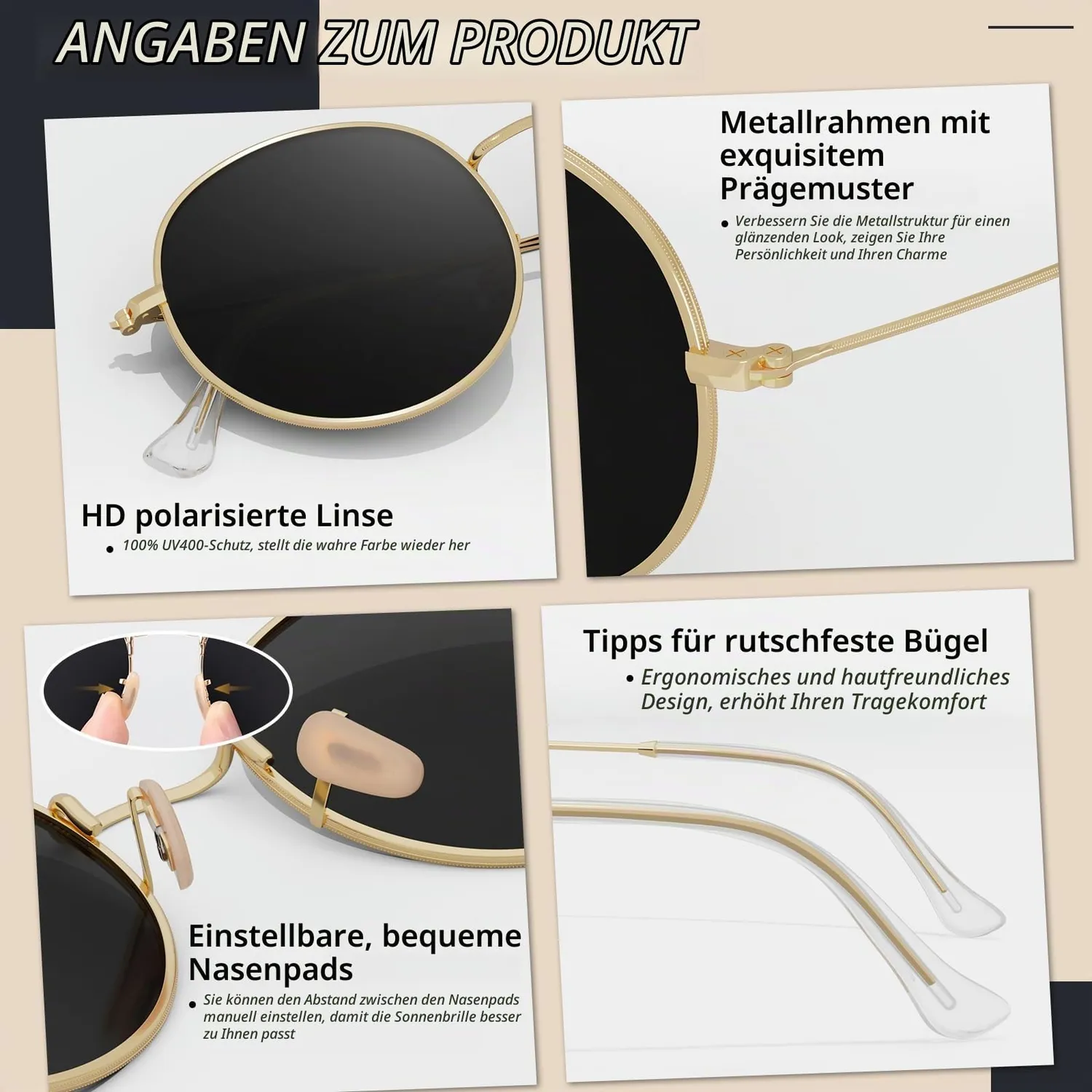 GQUEEN Retro Runde Sonnenbrille Schwarz Grau polarisiert