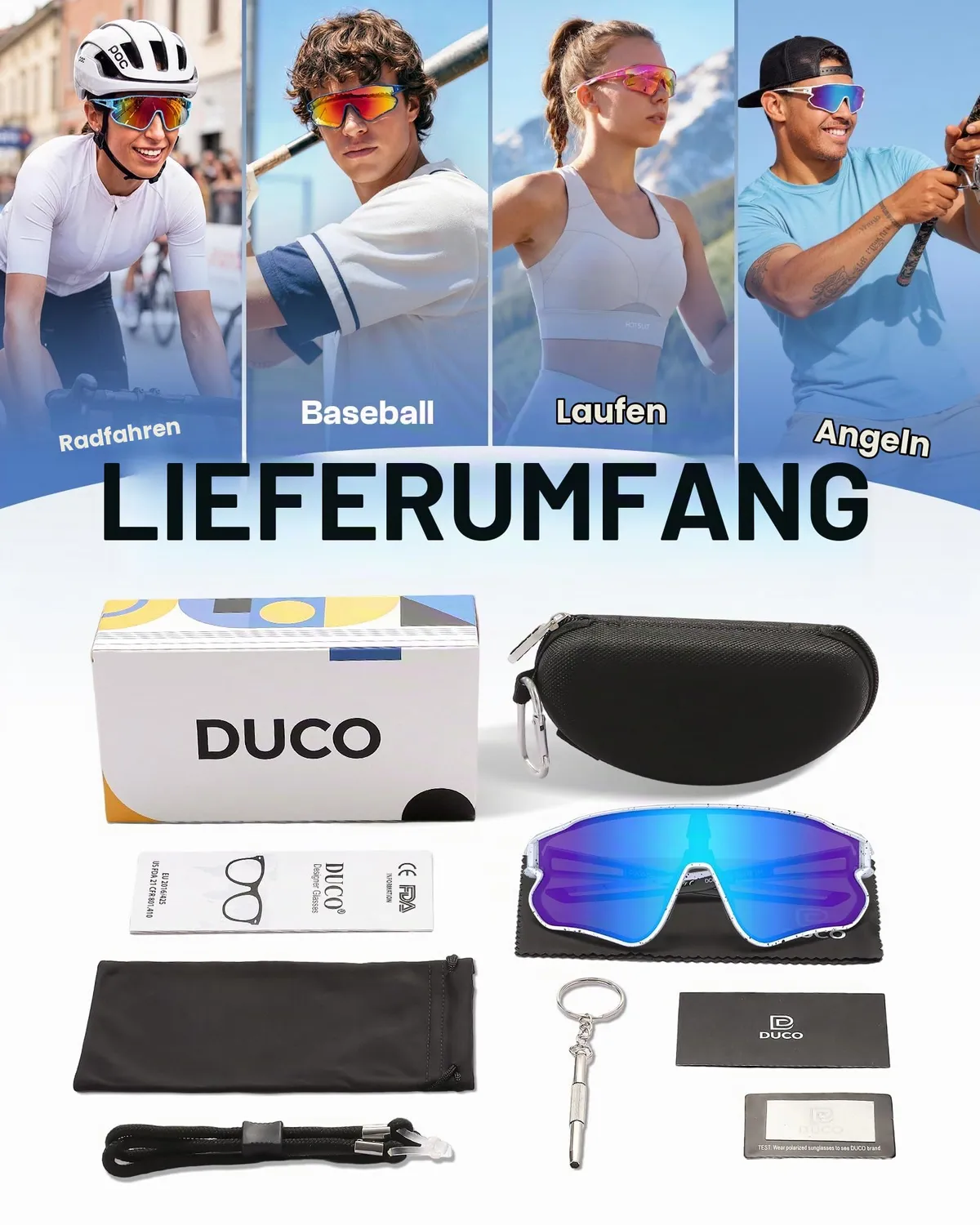 DUCO DC0023 Fahrradbrille weiß-schwarz Revo blau polarisiert