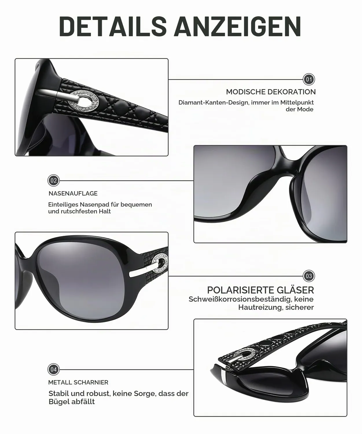 DUCO 6214 Sonnenbrille Damen Schwarz Retro UV400