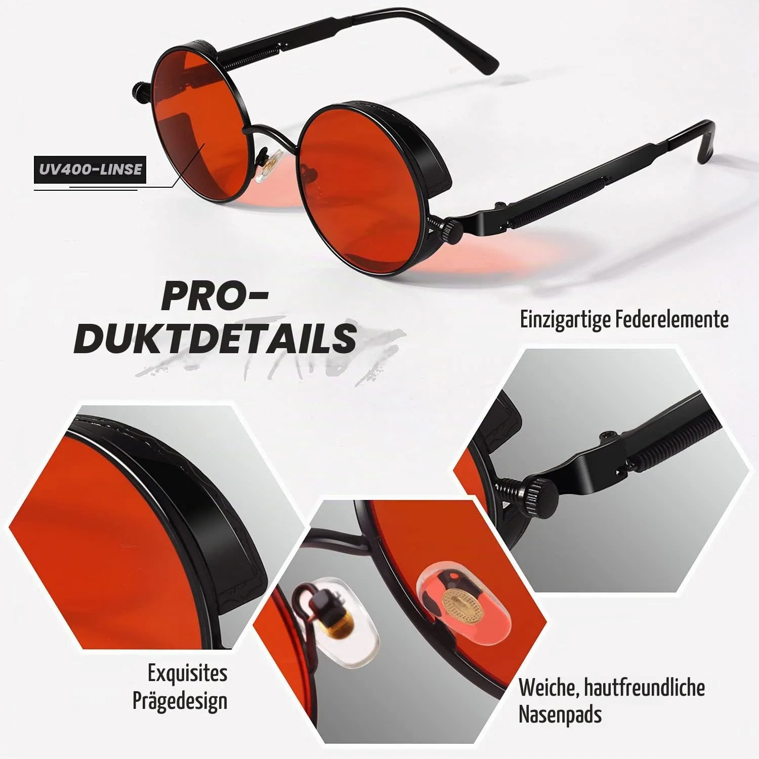 GQUEEN MTS2 Steampunk Sonnenbrille rund schwarz-rot