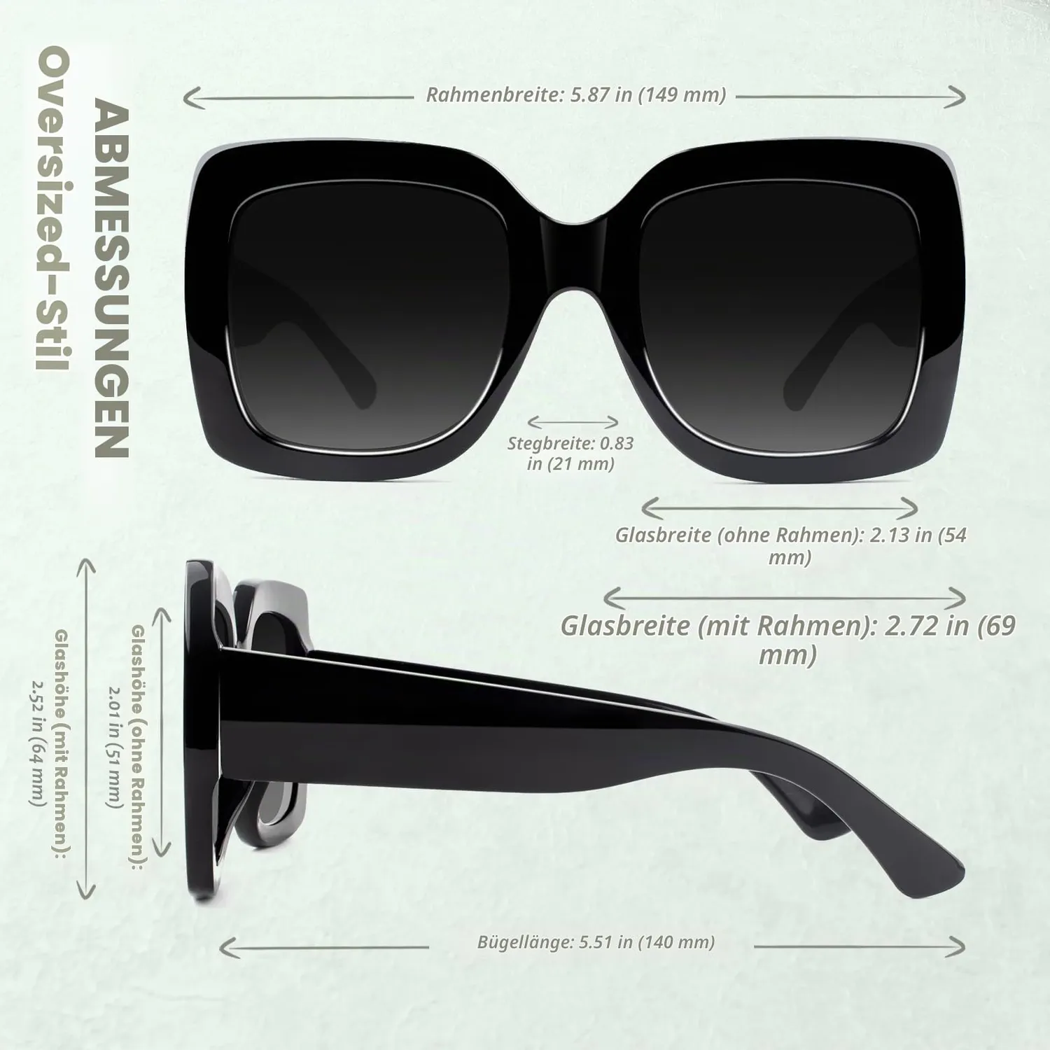 GQUEEN Übergroße Sonnenbrille Schwarz Grau eckig UV400