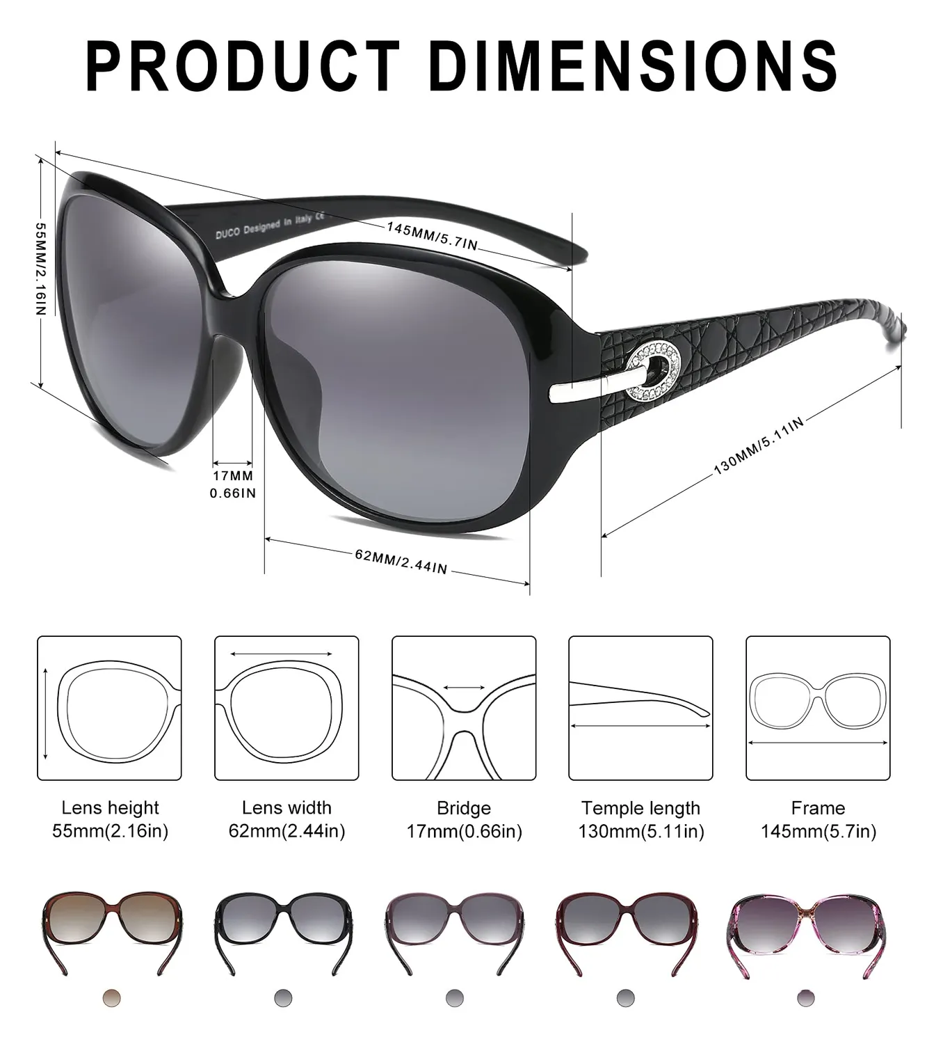 DUCO 6214 Sonnenbrille Damen Schwarz Retro UV400