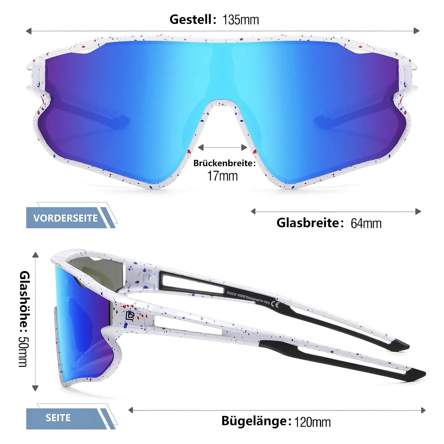 DUCO DK268 Kinder Sonnenbrille Weiß Rot Blau Revo Blau
