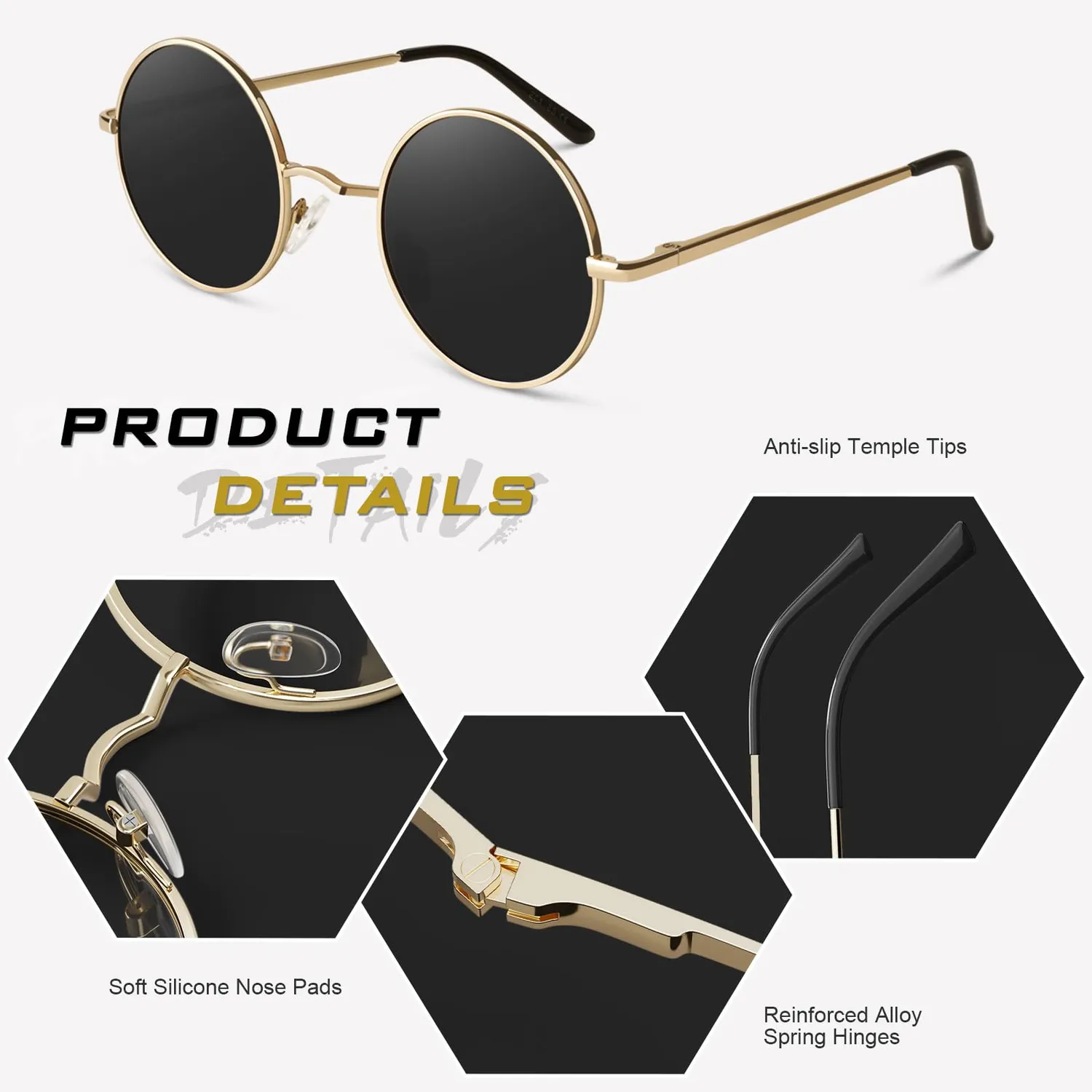 GQUEEN MEZ1 Retro Runde Sonnenbrille Gold Grau polarisiert