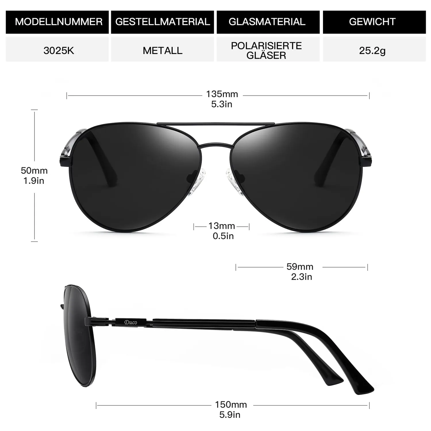 DUCO 3025K Pilotenbrille Schwarz Grau polarisiert