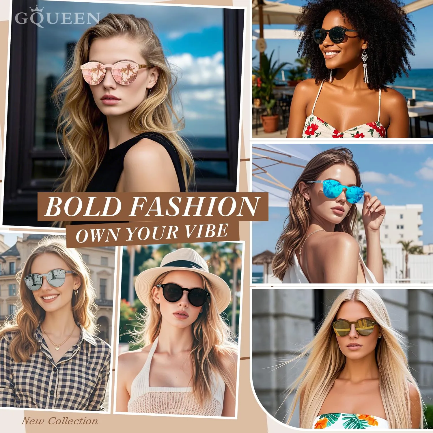 GQUEEN Runde Sonnenbrille Gold Rosa verspiegelt UV400